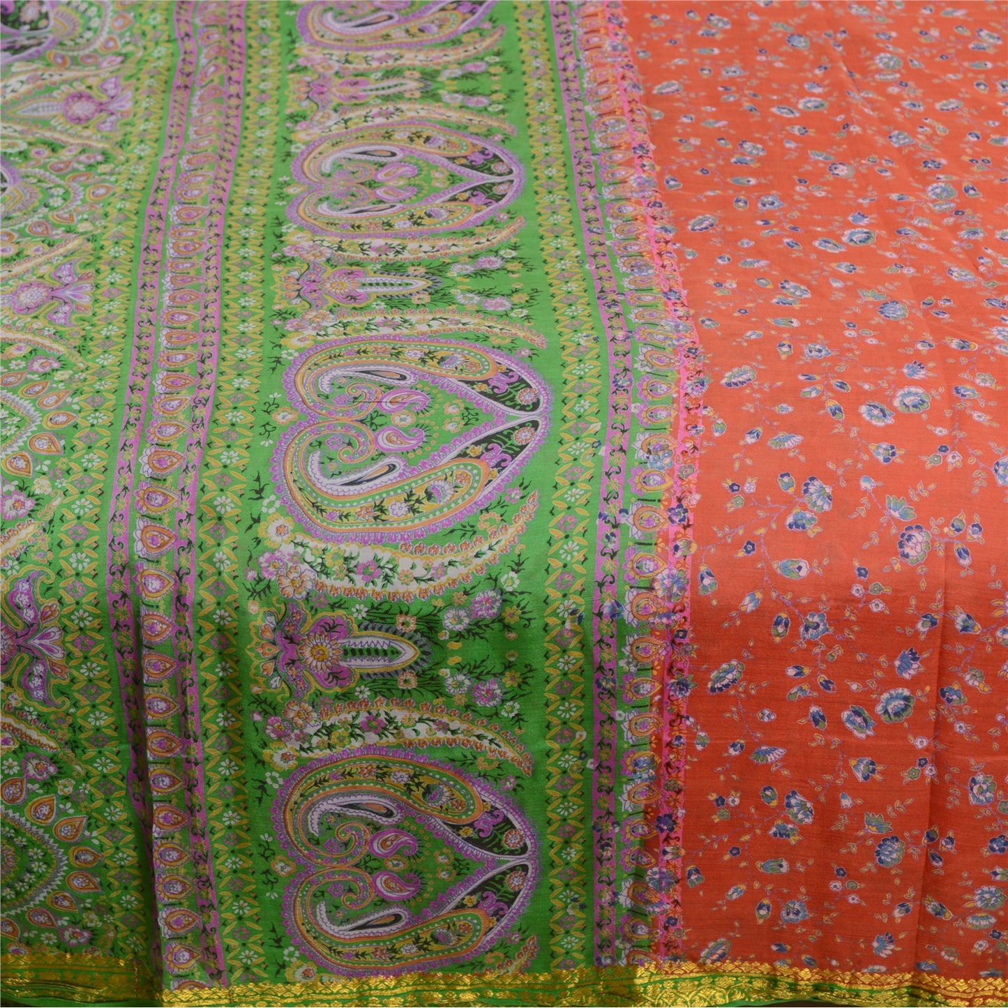 Sanskriti Vintage Sarees Reddish Orange Pure Silk Print Zari Border 5+YD Sari