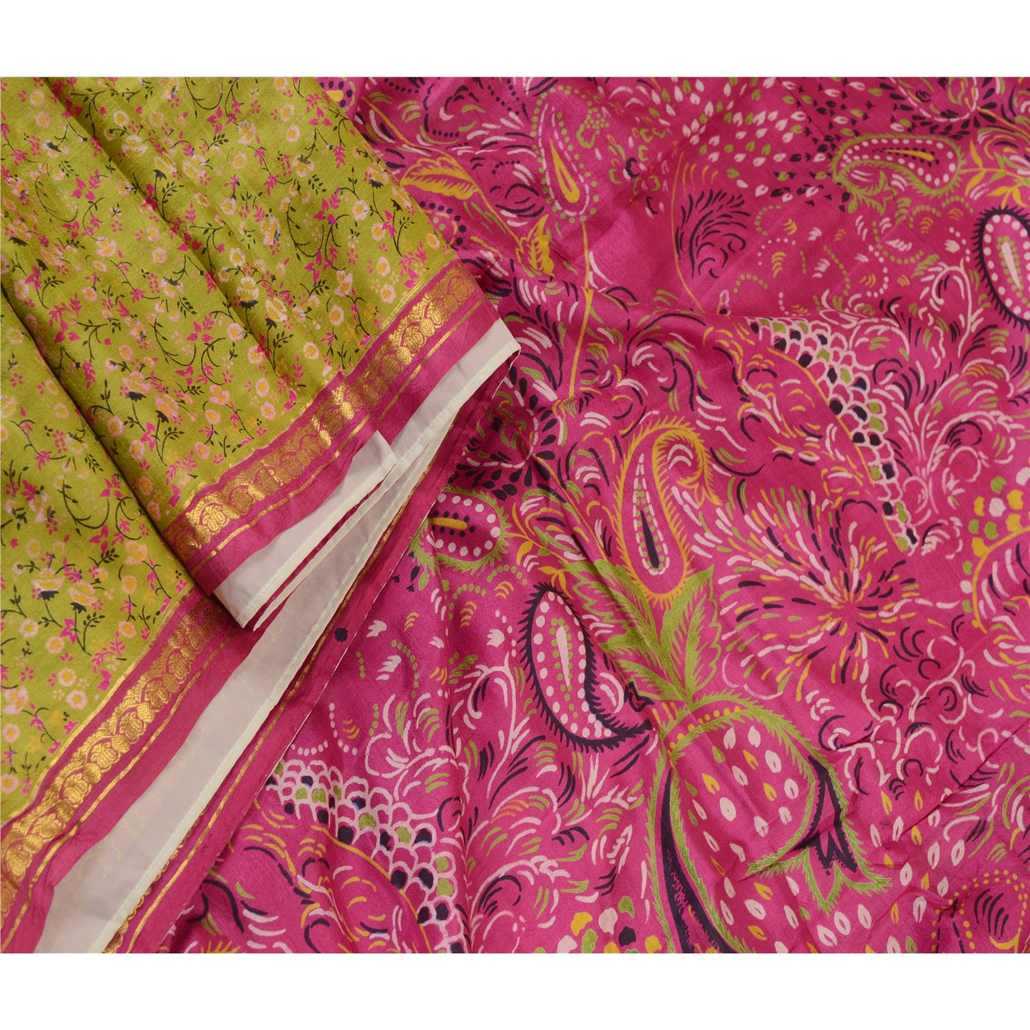 Sanskriti Vintage Sarees Green-Pink Pure Silk Printed Sari Zari Border Fabric