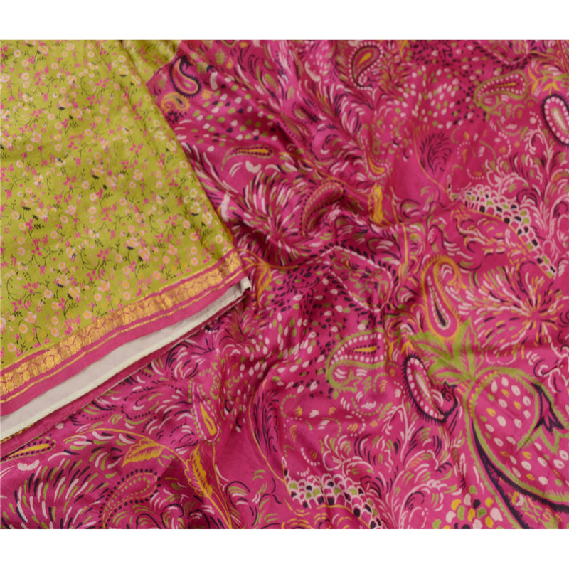 Sanskriti Vintage Sarees Green-Pink Pure Silk Printed Sari Zari Border Fabric