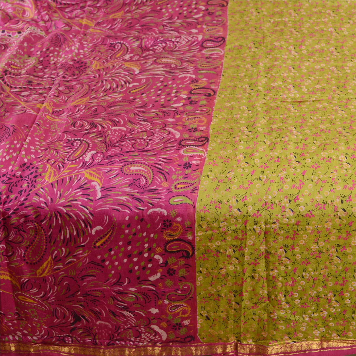 Sanskriti Vintage Sarees Green-Pink Pure Silk Printed Sari Zari Border Fabric