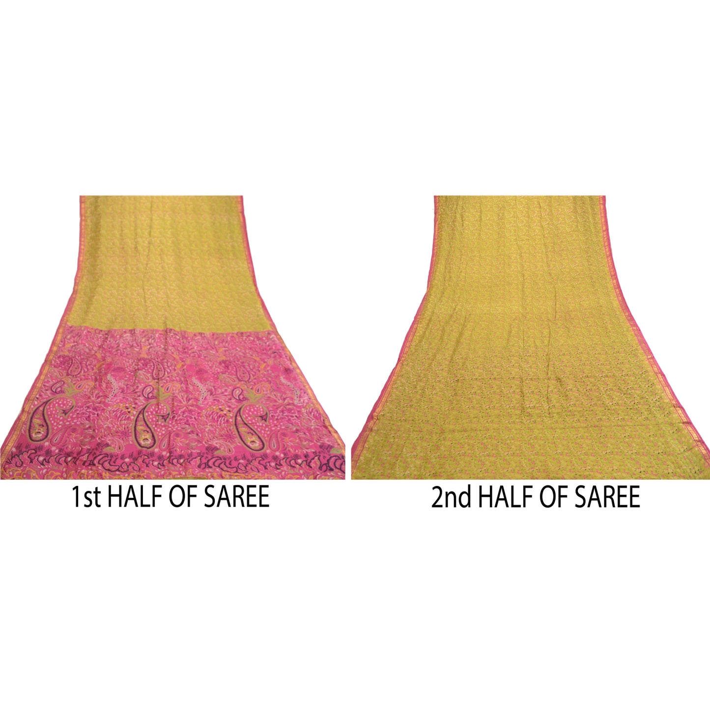 Sanskriti Vintage Sarees Green-Pink Pure Silk Printed Sari Zari Border Fabric