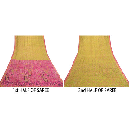 Sanskriti Vintage Sarees Green-Pink Pure Silk Printed Sari Zari Border Fabric