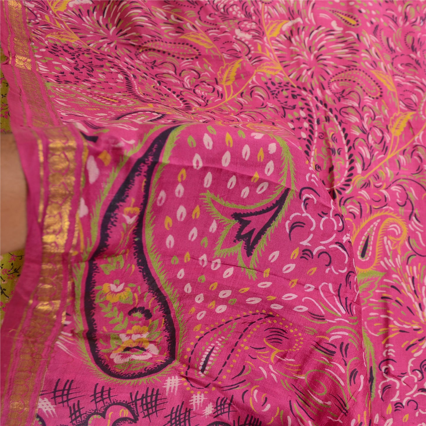 Sanskriti Vintage Sarees Green-Pink Pure Silk Printed Sari Zari Border Fabric