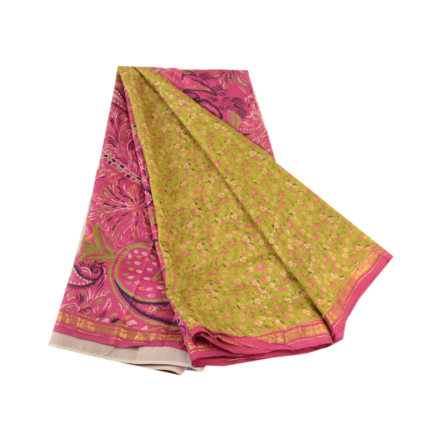Sanskriti Vintage Sarees Green-Pink Pure Silk Printed Sari Zari Border Fabric