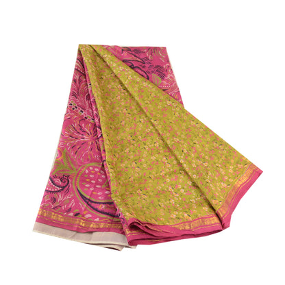 Sanskriti Vintage Sarees Green-Pink Pure Silk Printed Sari Zari Border Fabric