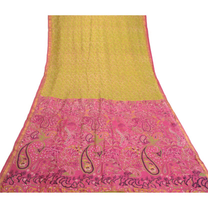 Sanskriti Vintage Sarees Green-Pink Pure Silk Printed Sari Zari Border Fabric
