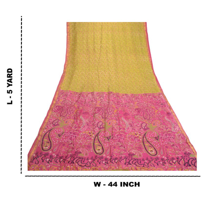 Sanskriti Vintage Sarees Green-Pink Pure Silk Printed Sari Zari Border Fabric