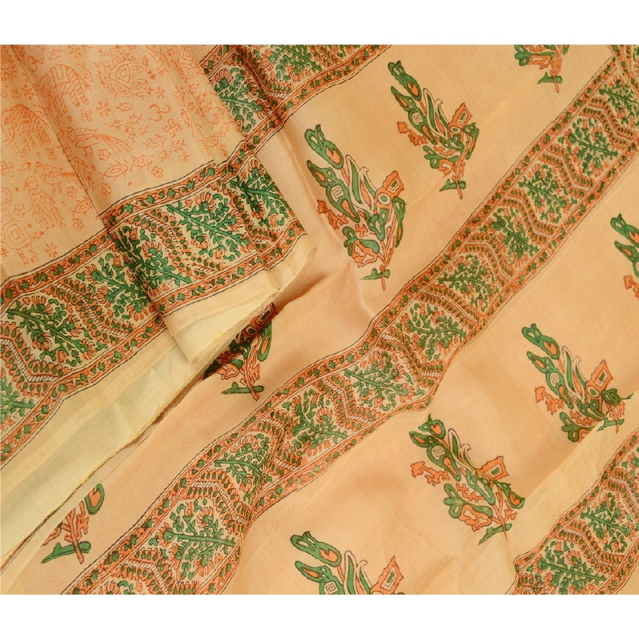 Sanskriti Vintage Sarees Beige Animal Block Printed Pure Silk Sari Craft Sustainable Fabric