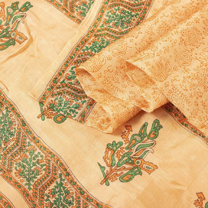 Sanskriti Vintage Sarees Beige Animal Block Printed Pure Silk Sari Craft Sustainable Fabric