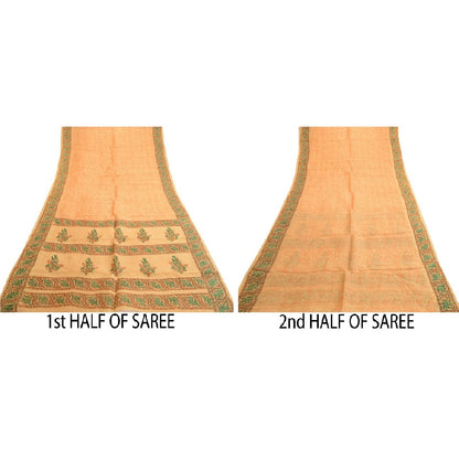 Sanskriti Vintage Sarees Beige Animal Block Printed Pure Silk Sari Craft Sustainable Fabric