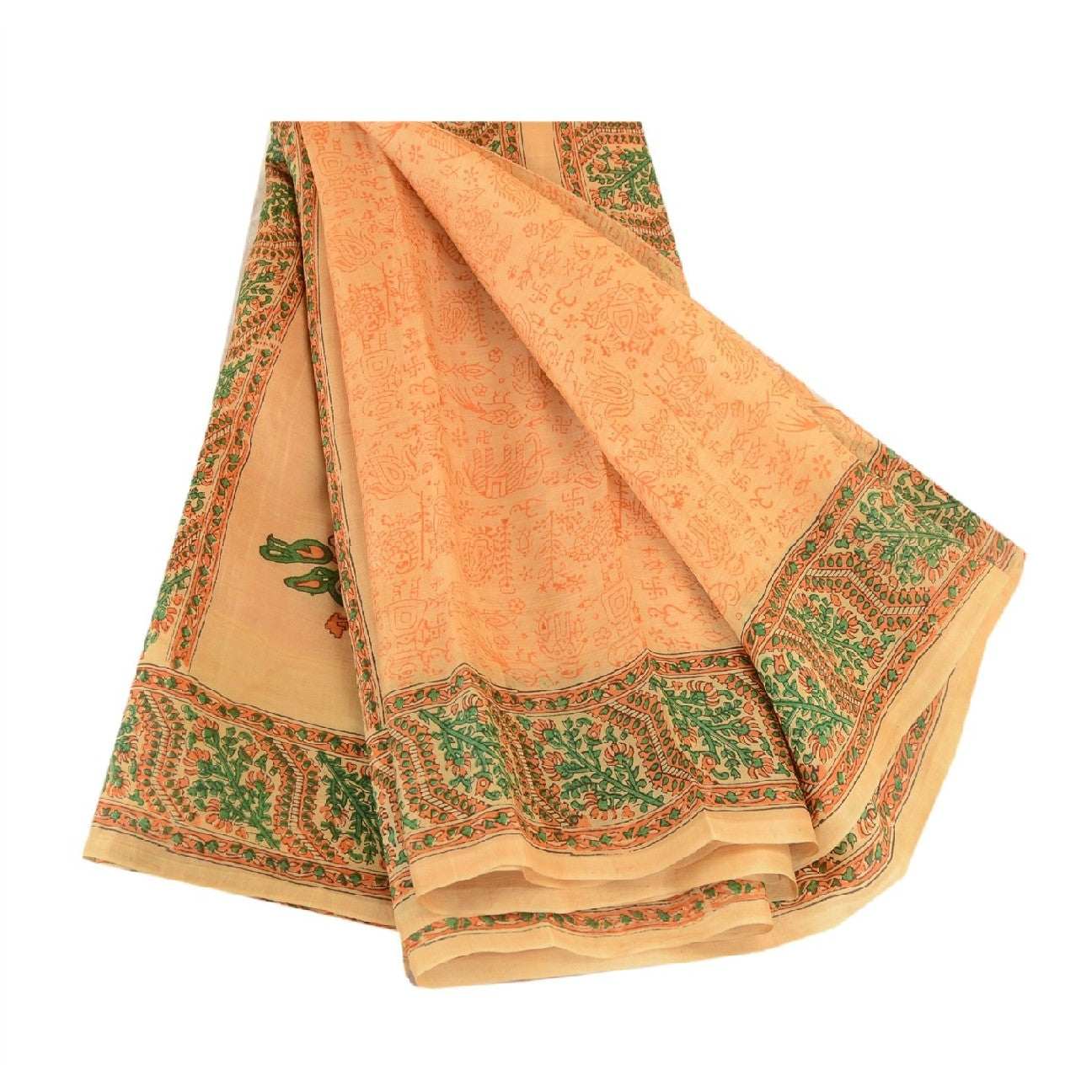 Sanskriti Vintage Sarees Beige Animal Block Printed Pure Silk Sari Craft Sustainable Fabric