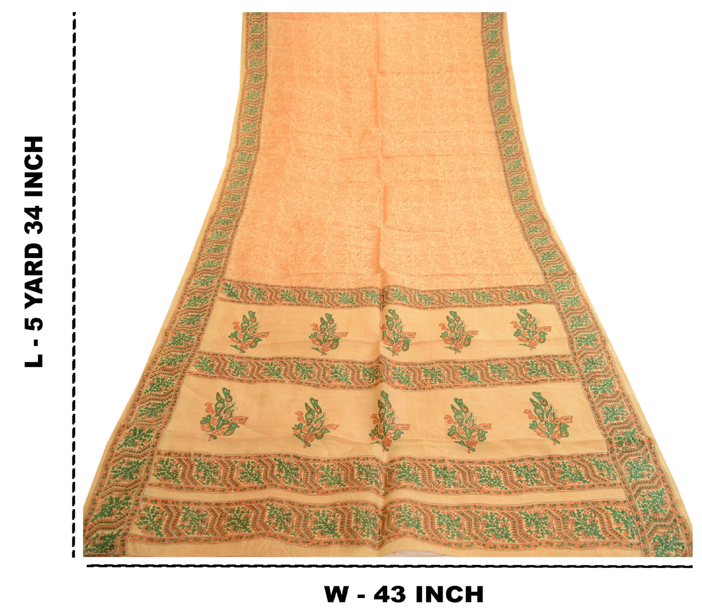 Sanskriti Vintage Sarees Beige Animal Block Printed Pure Silk Sari Craft Sustainable Fabric