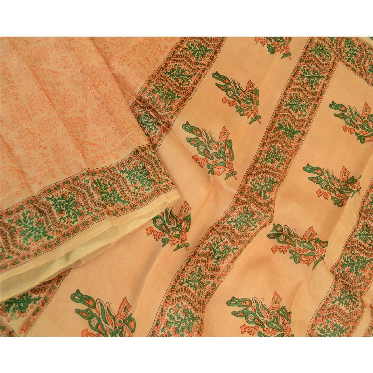 Sanskriti Vintage Sarees Beige Animal Block Printed Pure Silk Sari Craft Sustainable Fabric