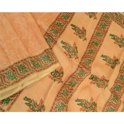 Sanskriti Vintage Sarees Beige Animal Block Printed Pure Silk Sari Craft Sustainable Fabric