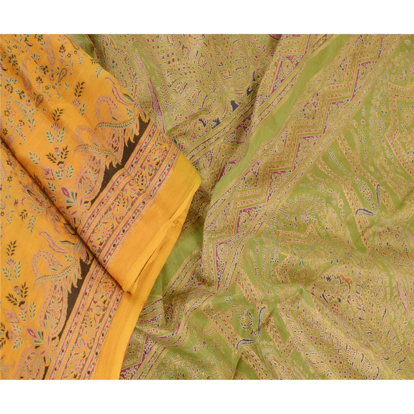 Sanskriti Vintage Sarees Pure Silk Yellow Paisley Printed Sari 5+YD Craft Fabric