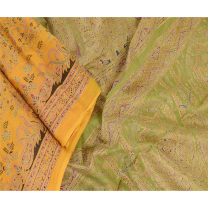 Sanskriti Vintage Sarees Pure Silk Yellow Paisley Printed Sari 5+YD Craft Fabric
