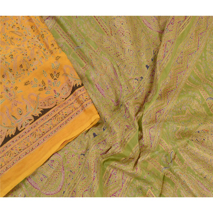 Sanskriti Vintage Sarees Pure Silk Yellow Paisley Printed Sari 5+YD Craft Fabric