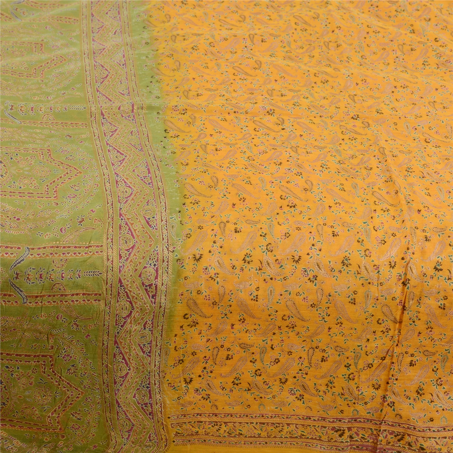 Sanskriti Vintage Sarees Pure Silk Yellow Paisley Printed Sari 5+YD Craft Fabric