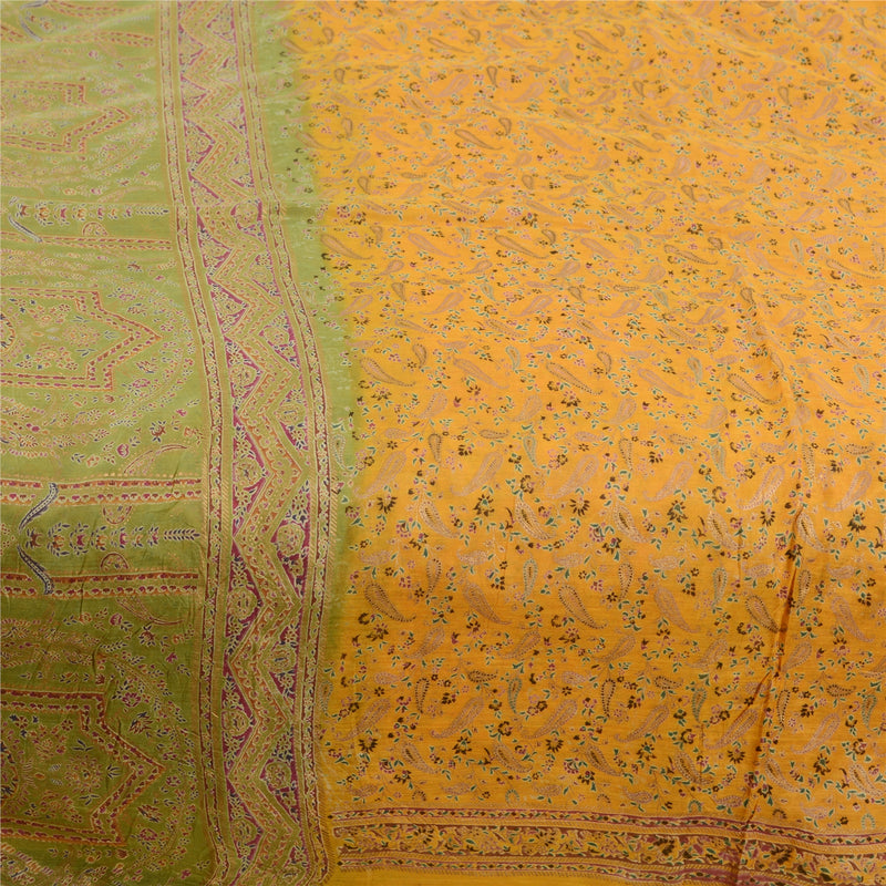 Sanskriti Vintage Sarees Pure Silk Yellow Paisley Printed Sari 5+YD Craft Fabric