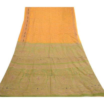 Sanskriti Vintage Sarees Pure Silk Yellow Paisley Printed Sari 5+YD Craft Fabric