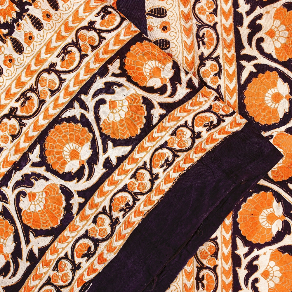 Sanskriti Vintage Sarees Cream Pure Silk Printed Sari Floral Soft Craft Sustainable Fabric