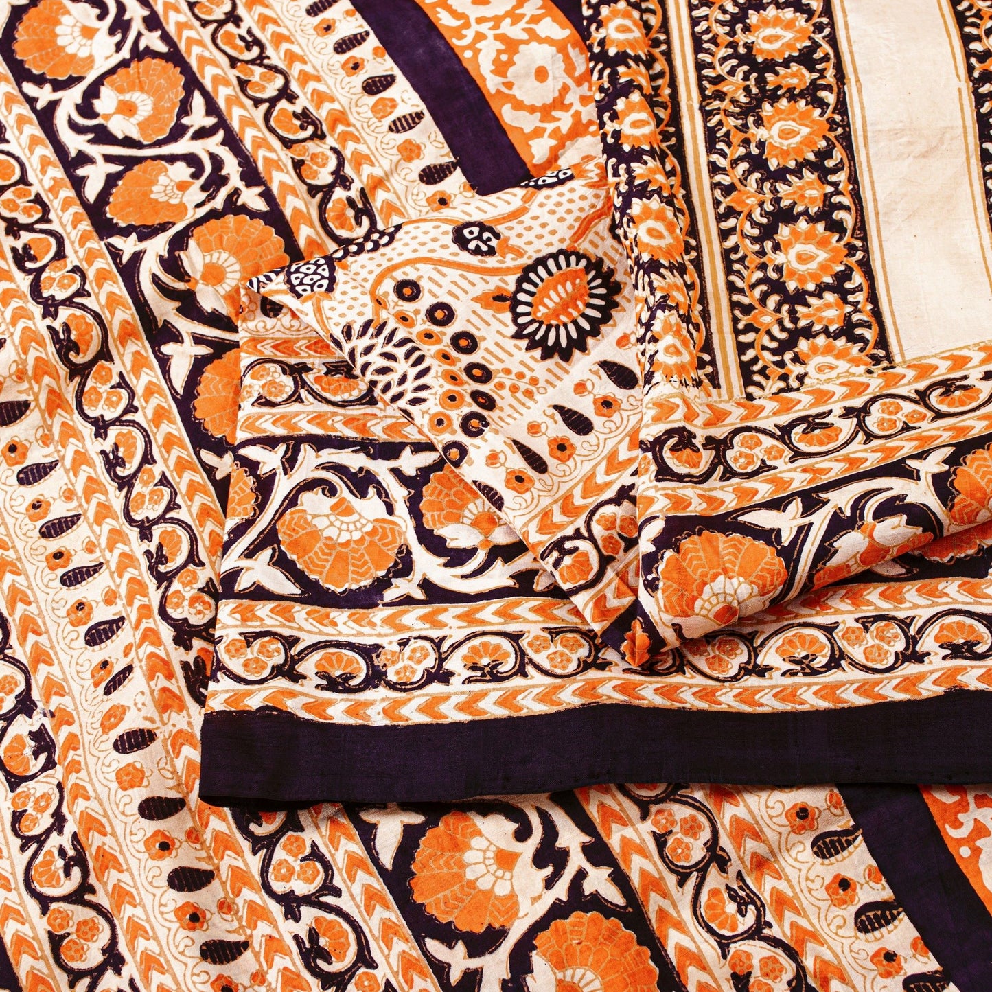 Sanskriti Vintage Sarees Cream Pure Silk Printed Sari Floral Soft Craft Sustainable Fabric