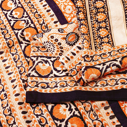 Sanskriti Vintage Sarees Cream Pure Silk Printed Sari Floral Soft Craft Sustainable Fabric