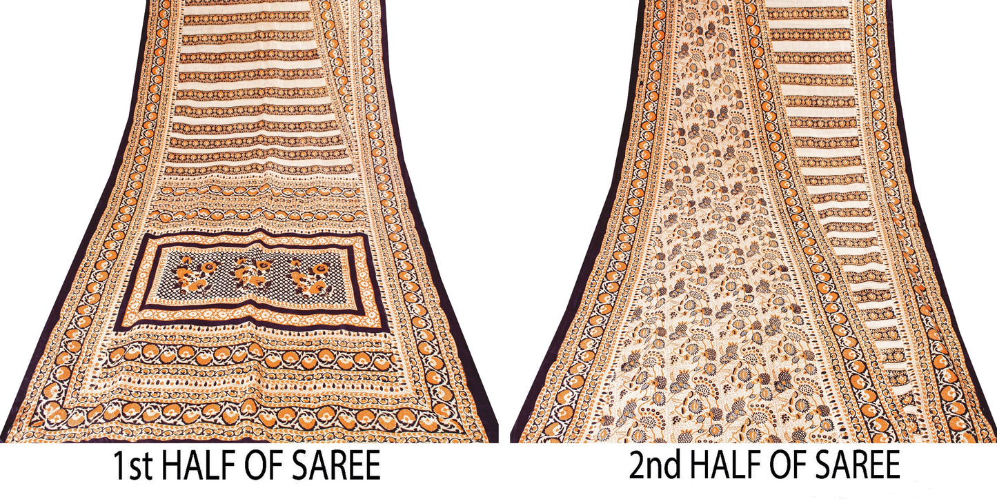 Sanskriti Vintage Sarees Cream Pure Silk Printed Sari Floral Soft Craft Sustainable Fabric