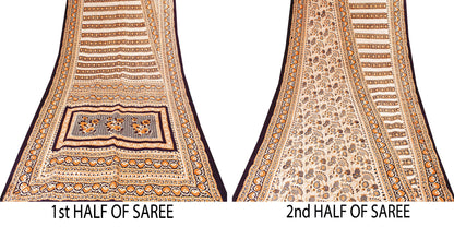 Sanskriti Vintage Sarees Cream Pure Silk Printed Sari Floral Soft Craft Sustainable Fabric