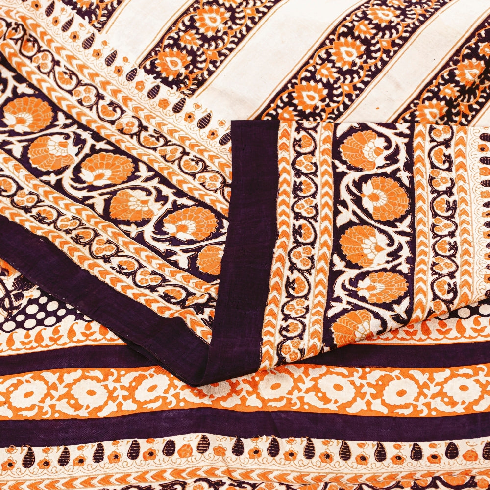 Sanskriti Vintage Sarees Cream Pure Silk Printed Sari Floral Soft Craft Sustainable Fabric