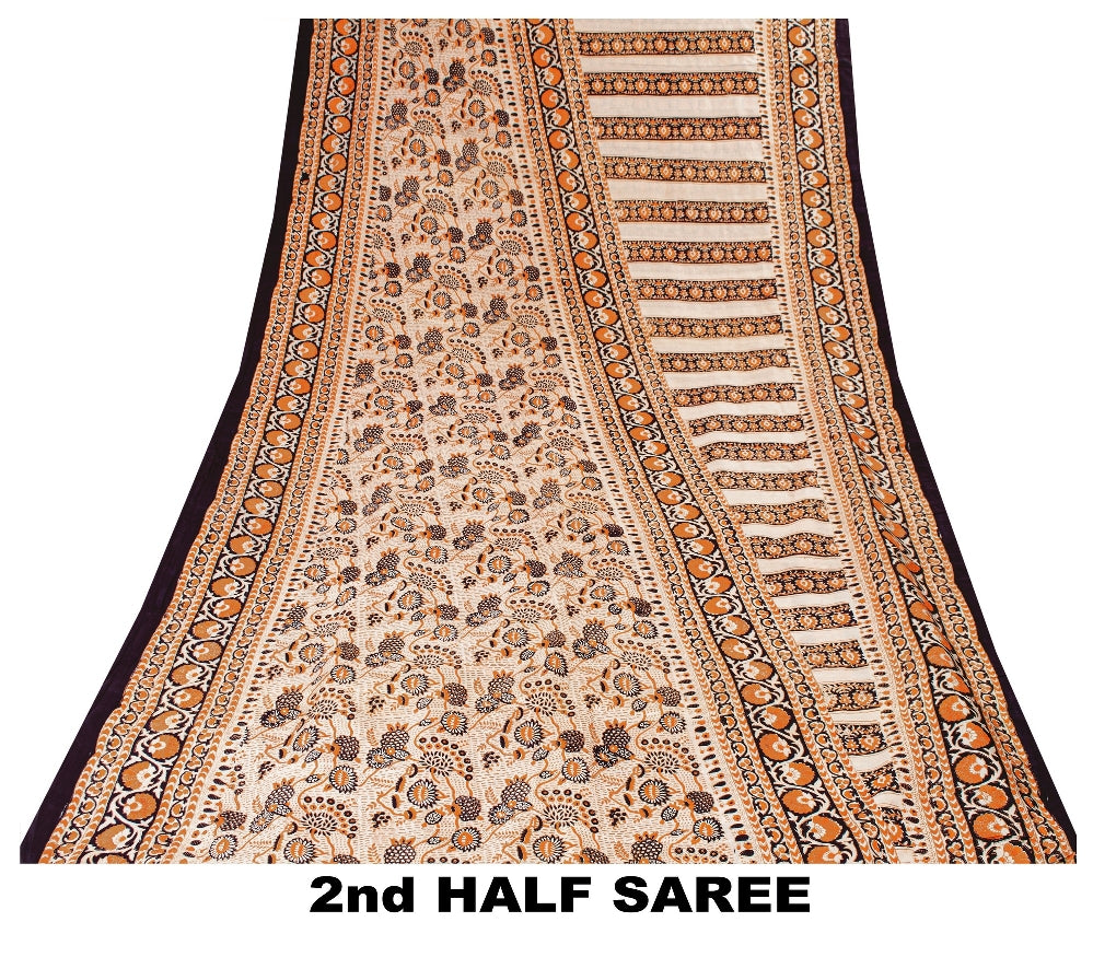 Sanskriti Vintage Sarees Cream Pure Silk Printed Sari Floral Soft Craft Sustainable Fabric