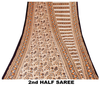 Sanskriti Vintage Sarees Cream Pure Silk Printed Sari Floral Soft Craft Sustainable Fabric
