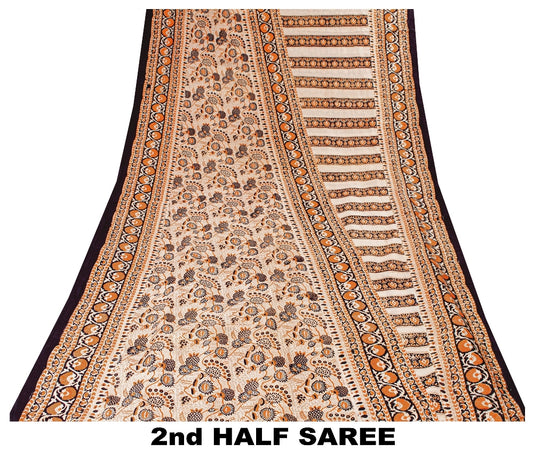 Sanskriti Vintage Sarees Cream Pure Silk Printed Sari Floral Soft Craft Sustainable Fabric