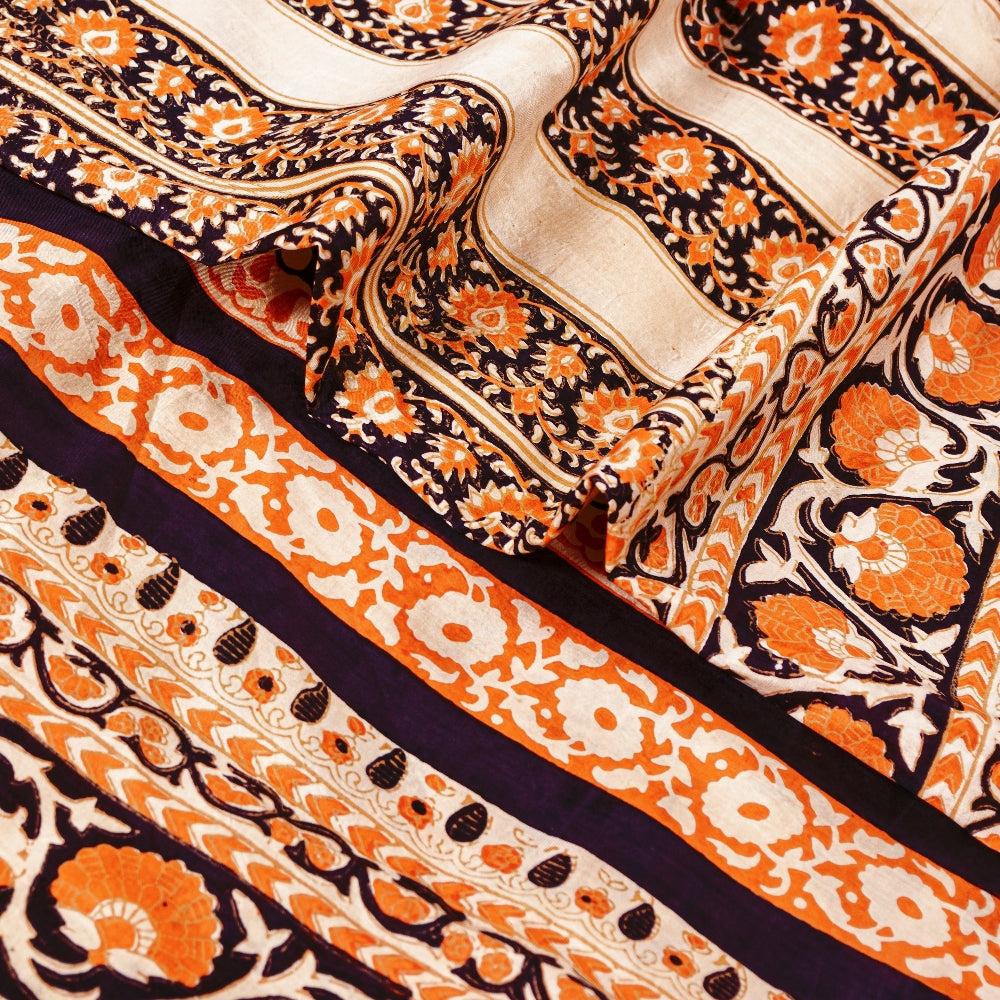 Sanskriti Vintage Sarees Cream Pure Silk Printed Sari Floral Soft Craft Sustainable Fabric