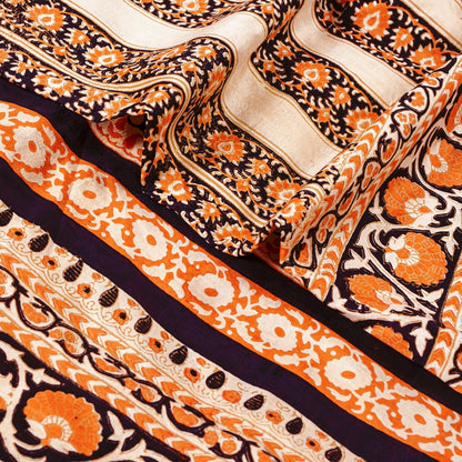 Sanskriti Vintage Sarees Cream Pure Silk Printed Sari Floral Soft Craft Sustainable Fabric