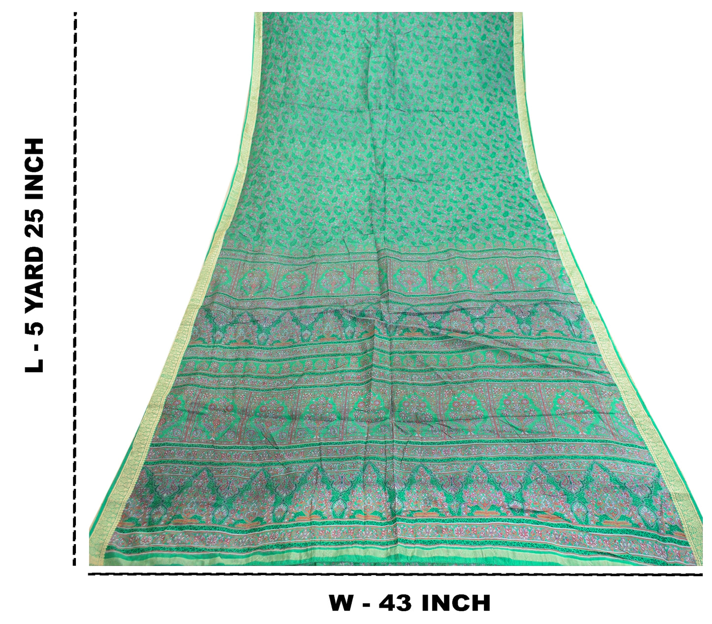 Sanskriti Vintage Sarees From India Green Pure Silk Printed Sari Craft Sustainable Fabric