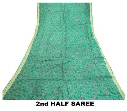 Sanskriti Vintage Sarees From India Green Pure Silk Printed Sari Craft Sustainable Fabric