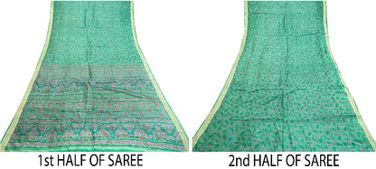 Sanskriti Vintage Sarees From India Green Pure Silk Printed Sari Craft Sustainable Fabric