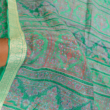 Sanskriti Vintage Sarees From India Green Pure Silk Printed Sari Craft Sustainable Fabric