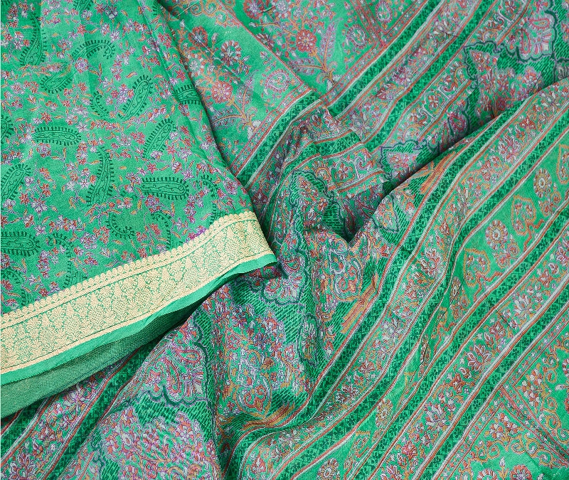 Sanskriti Vintage Sarees From India Green Pure Silk Printed Sari Craft Sustainable Fabric