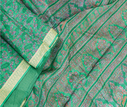 Sanskriti Vintage Sarees From India Green Pure Silk Printed Sari Craft Sustainable Fabric