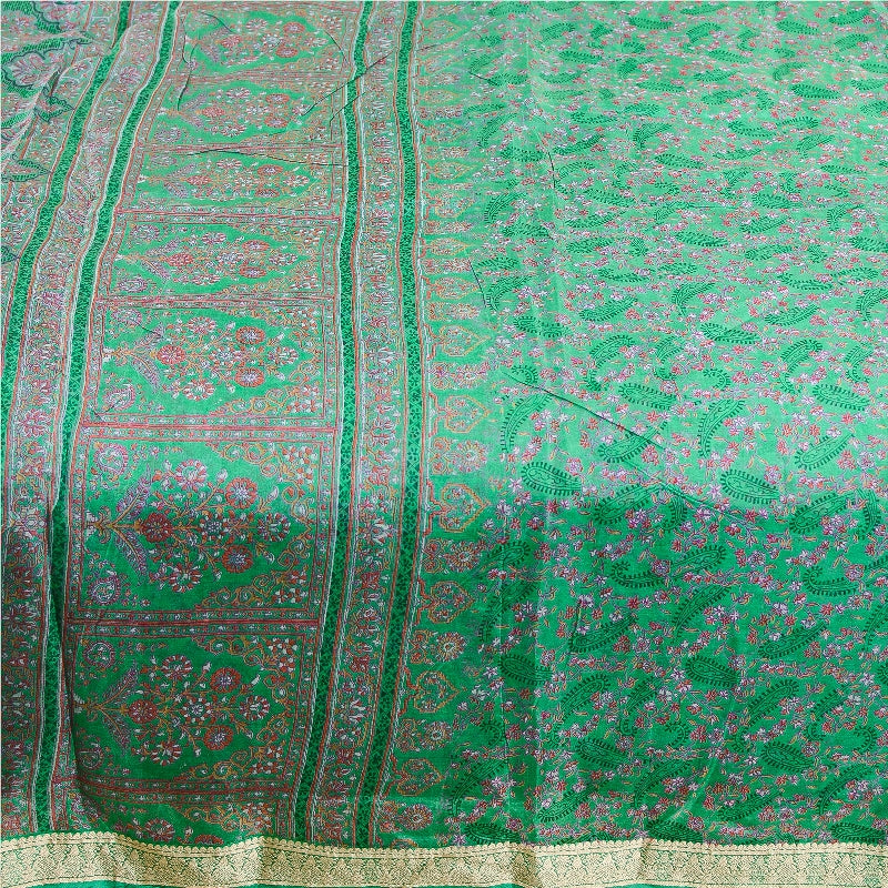 Sanskriti Vintage Sarees From India Green Pure Silk Printed Sari Craft Sustainable Fabric