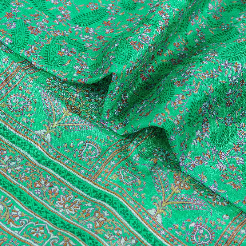 Sanskriti Vintage Sarees From India Green Pure Silk Printed Sari Craft Sustainable Fabric