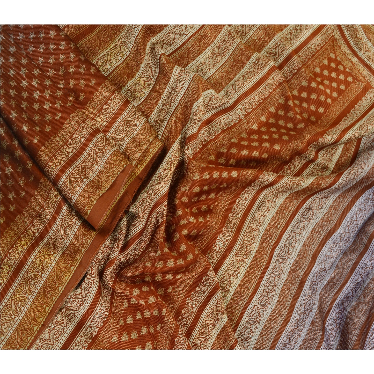 Sanskriti Vintage Sarees India Brown Pure Silk Printed Sari 5YD SoftCraft Fabric