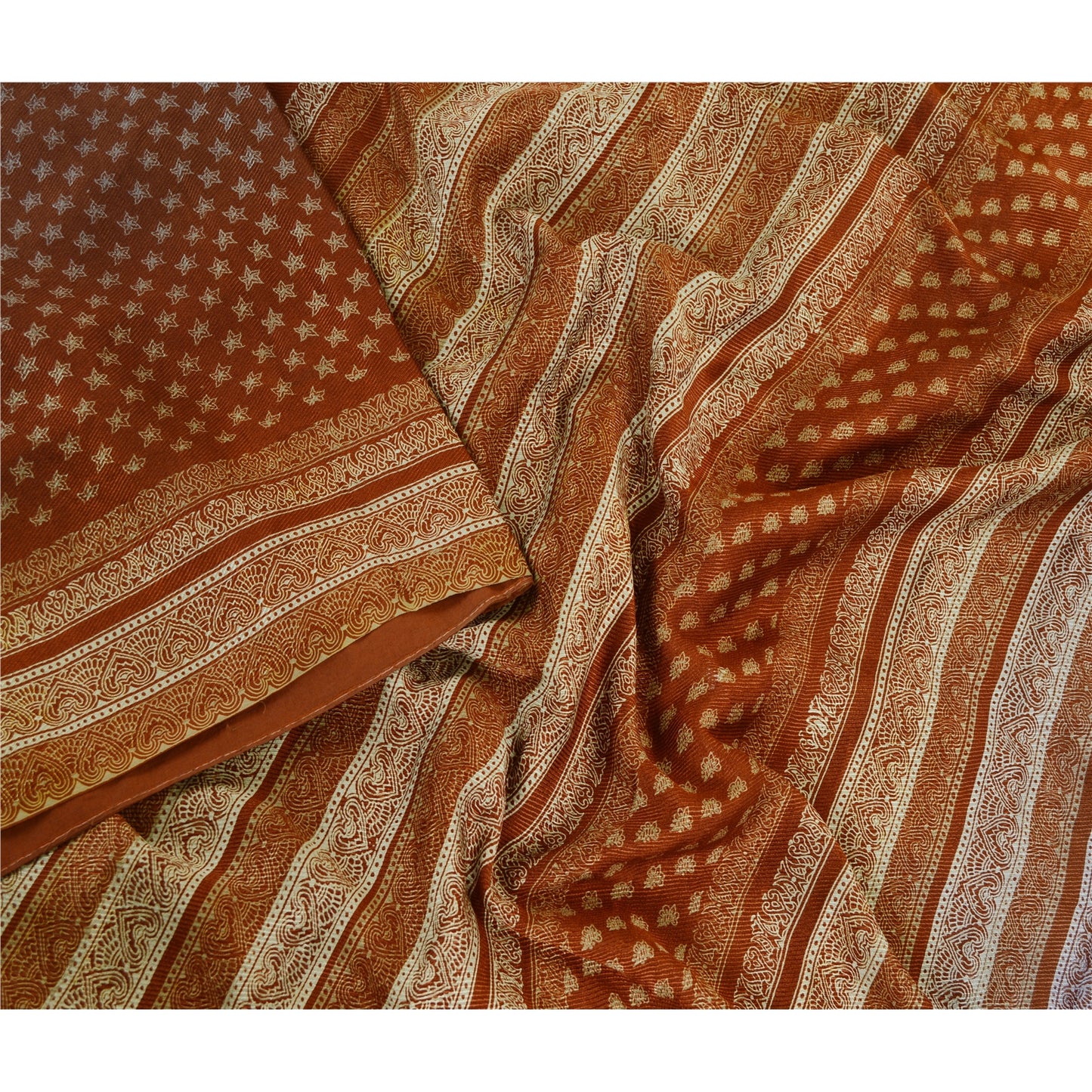 Sanskriti Vintage Sarees India Brown Pure Silk Printed Sari 5YD SoftCraft Fabric