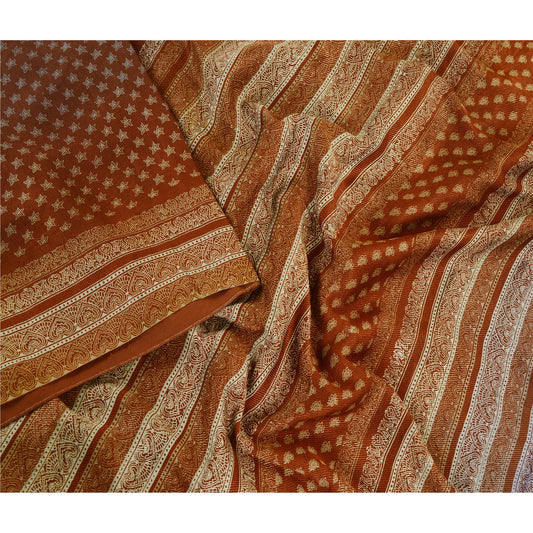 Sanskriti Vintage Sarees India Brown Pure Silk Printed Sari 5YD SoftCraft Fabric