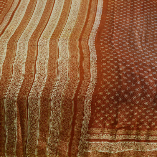 Sanskriti Vintage Sarees India Brown Pure Silk Printed Sari 5YD SoftCraft Fabric