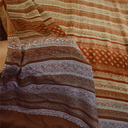 Sanskriti Vintage Sarees India Brown Pure Silk Printed Sari 5YD SoftCraft Fabric