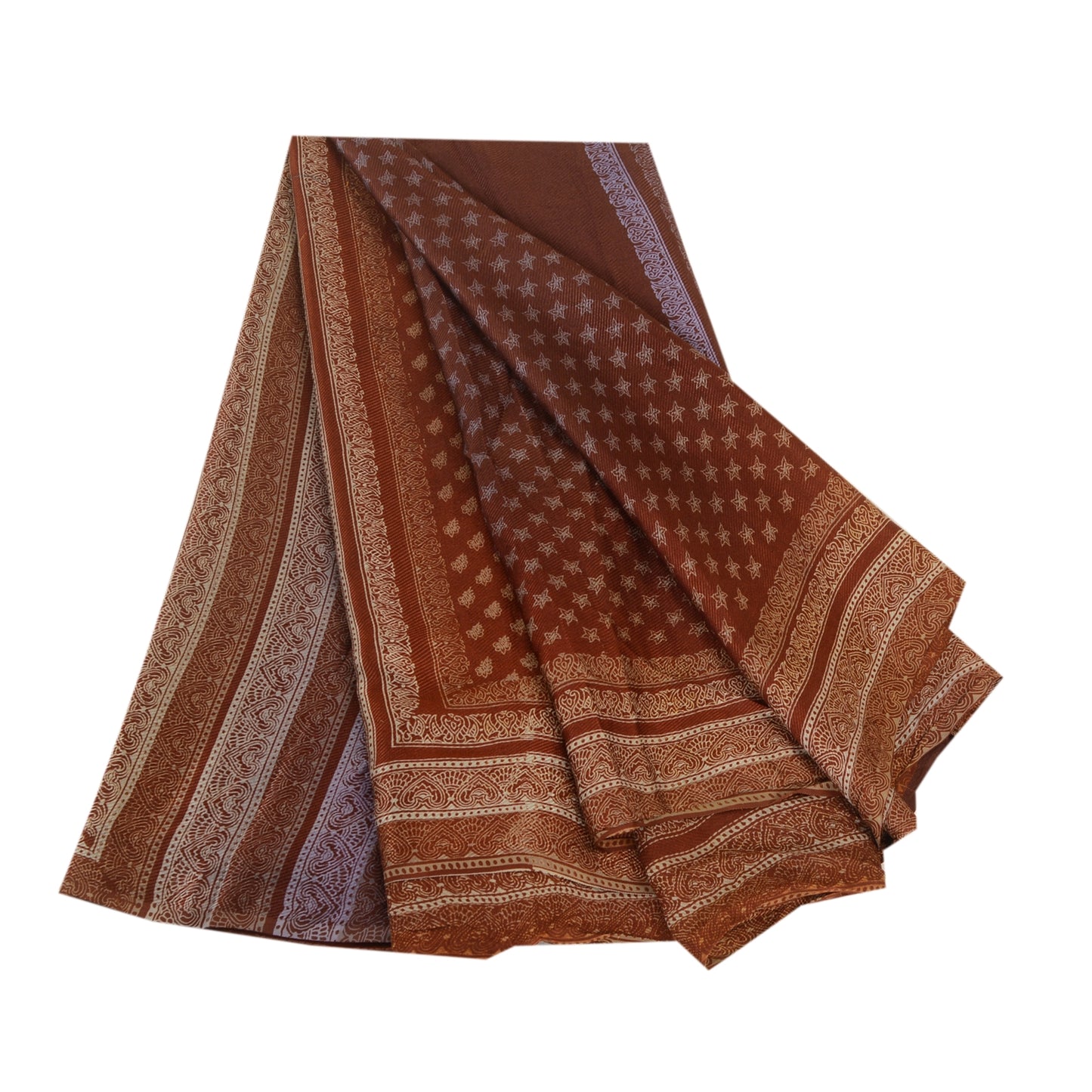 Sanskriti Vintage Sarees India Brown Pure Silk Printed Sari 5YD SoftCraft Fabric
