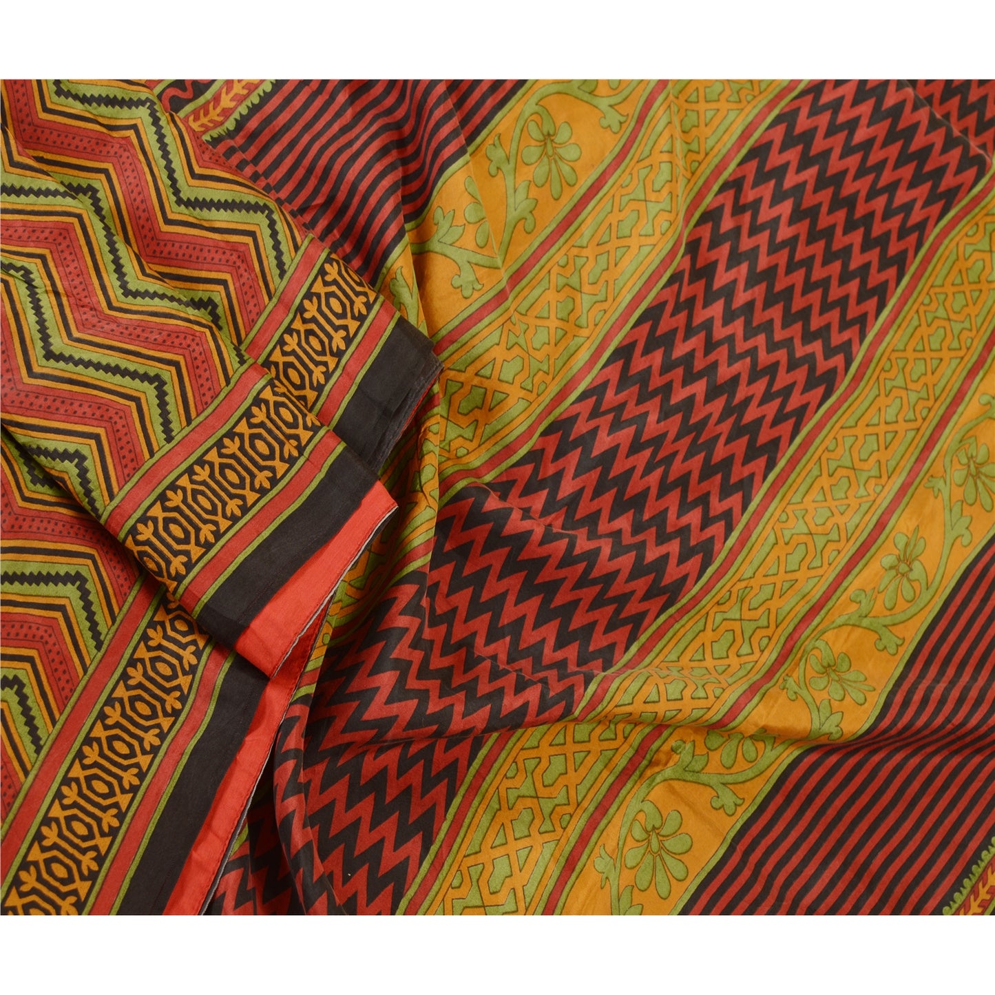 Sanskriti Vintage Sarees Red & Green Print 100% Pure Silk Sari 5+YD Craft Fabric